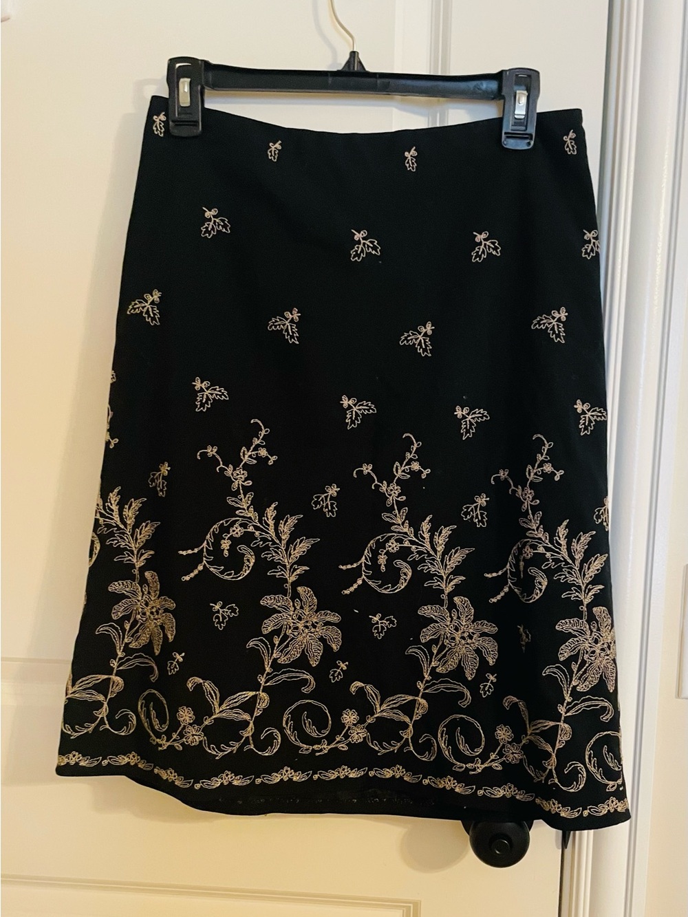 Ann Taylor Black A-Line Skirt with Cream Embroidered Floral Border